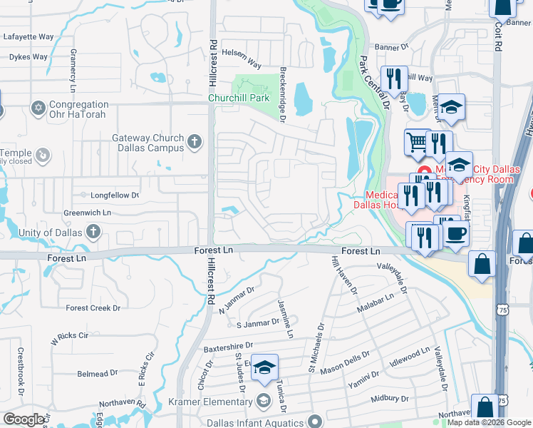map of restaurants, bars, coffee shops, grocery stores, and more near 11917 Edgestone Road in Dallas
