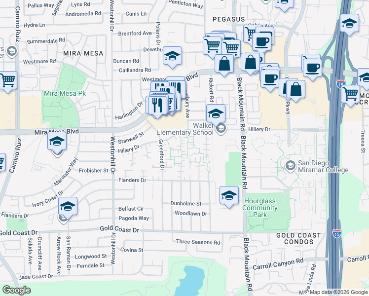 map of restaurants, bars, coffee shops, grocery stores, and more near 10651 Caminito Chueco in San Diego