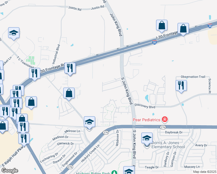 map of restaurants, bars, coffee shops, grocery stores, and more near 1470 John King Boulevard in Rockwall