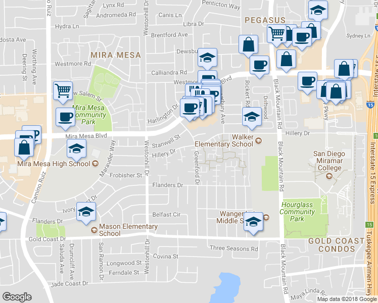 map of restaurants, bars, coffee shops, grocery stores, and more near 10566 Greenford Drive in San Diego