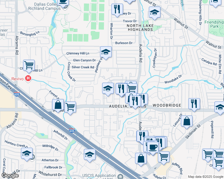 map of restaurants, bars, coffee shops, grocery stores, and more near 9669 Forest Lane in Dallas