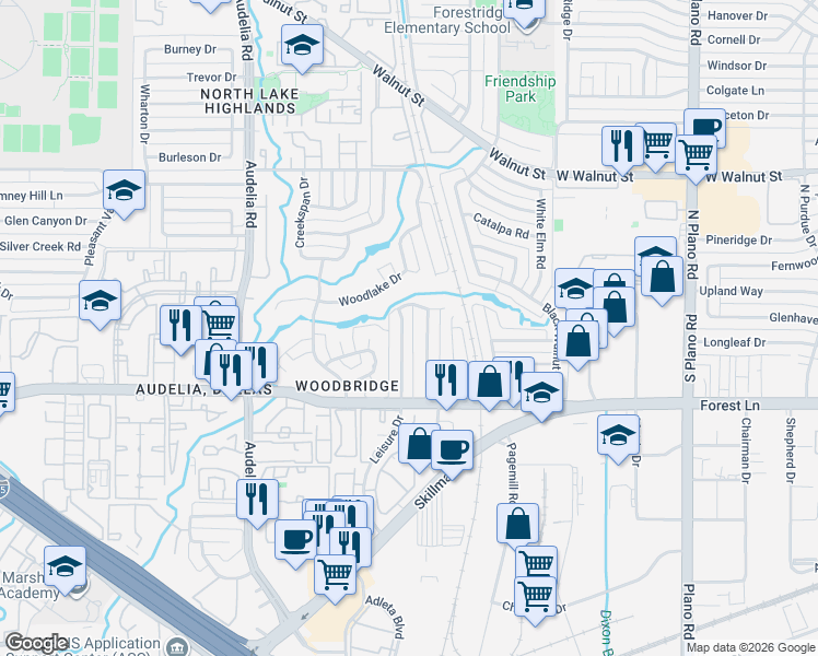 map of restaurants, bars, coffee shops, grocery stores, and more near 11911 Garden Terrace Drive in Dallas