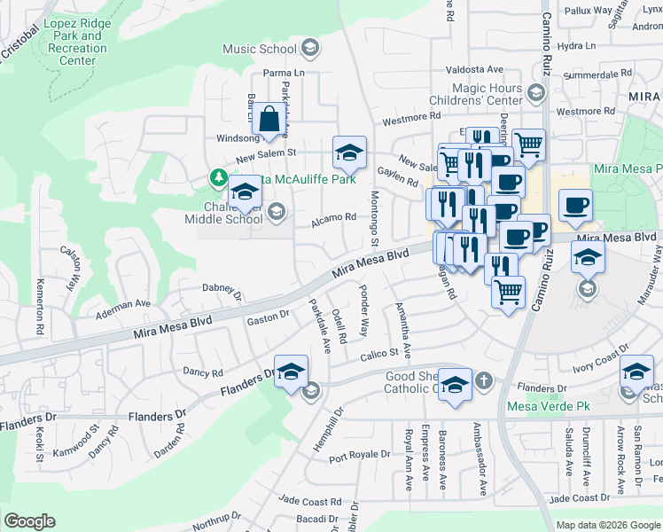map of restaurants, bars, coffee shops, grocery stores, and more near 7803 Burlington Way in San Diego