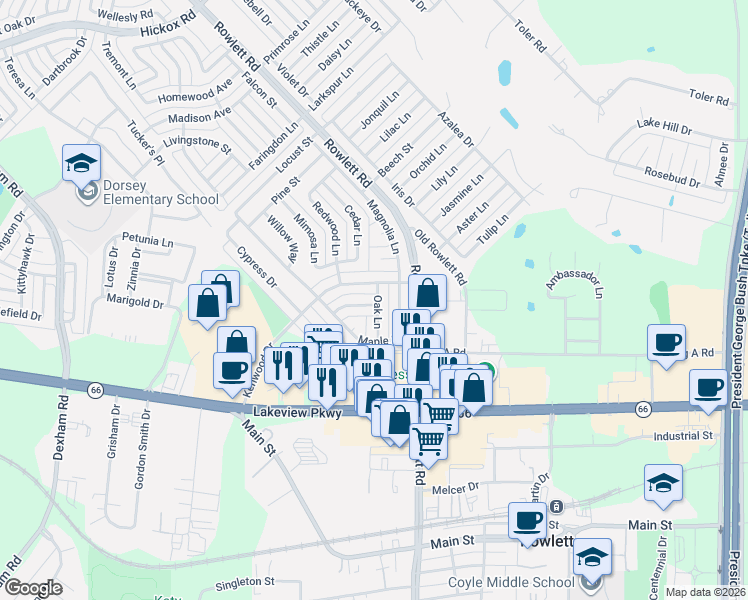 map of restaurants, bars, coffee shops, grocery stores, and more near 3301 Holly Lane in Rowlett