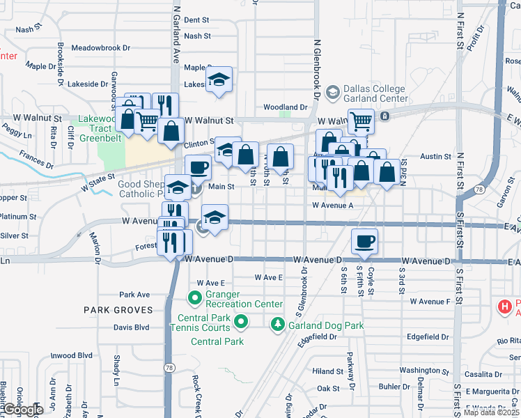 map of restaurants, bars, coffee shops, grocery stores, and more near 209 South 11th Street in Garland