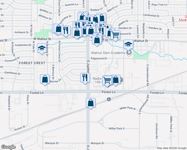 map of restaurants, bars, coffee shops, grocery stores, and more near 320 South Jupiter Road in Garland