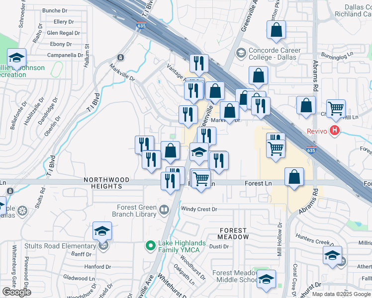 map of restaurants, bars, coffee shops, grocery stores, and more near 9050 Markville Drive in Dallas