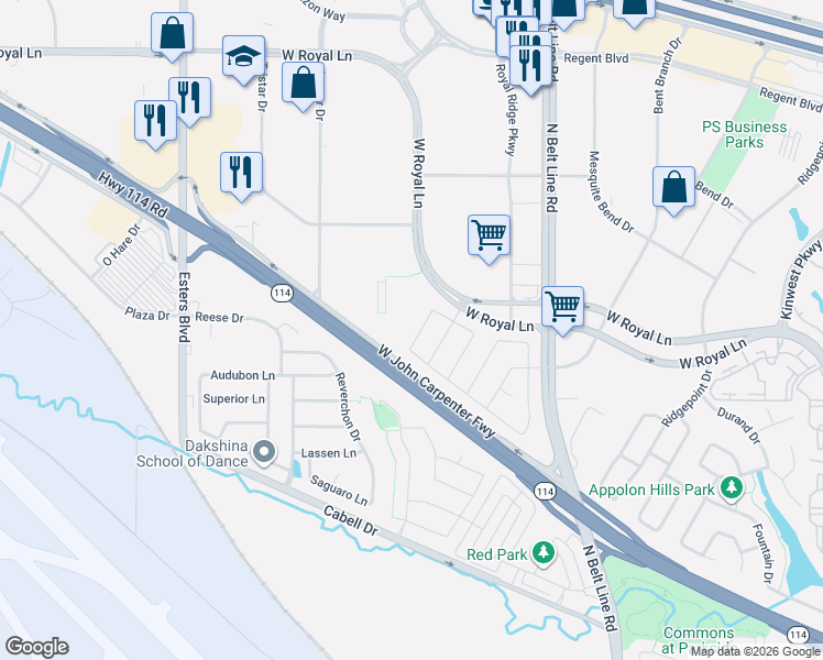 map of restaurants, bars, coffee shops, grocery stores, and more near 7819 Uxbridge Drive in Irving