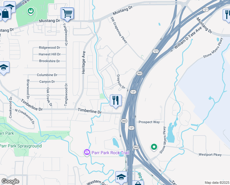 map of restaurants, bars, coffee shops, grocery stores, and more near 2300 Grayson Drive in Grapevine