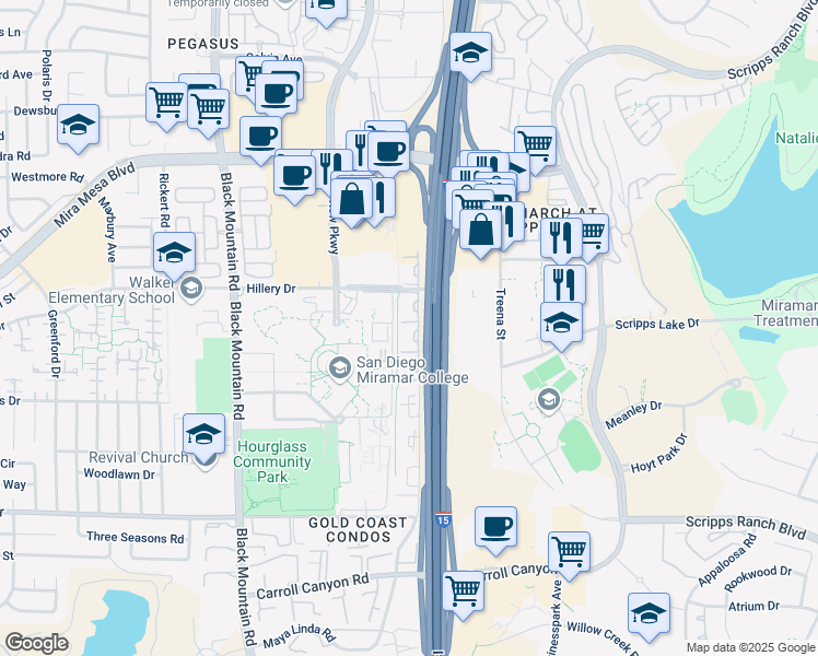 map of restaurants, bars, coffee shops, grocery stores, and more near 9345 Hillery Drive in San Diego