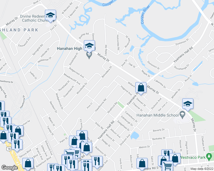 map of restaurants, bars, coffee shops, grocery stores, and more near 5944 Willard Drive in Hanahan