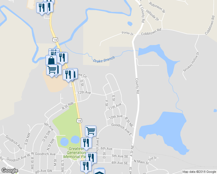 map of restaurants, bars, coffee shops, grocery stores, and more near 418 E Street in Thomaston