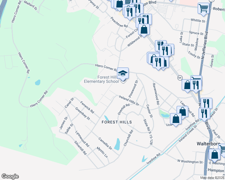 map of restaurants, bars, coffee shops, grocery stores, and more near 110 Shamrock Drive in Walterboro
