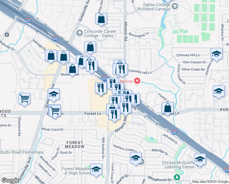 map of restaurants, bars, coffee shops, grocery stores, and more near 9386 Lyndon B Johnson Fwy in Dallas