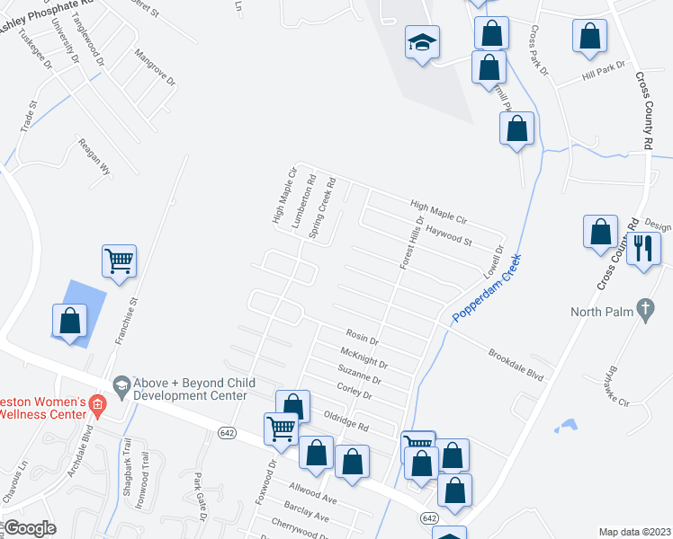 map of restaurants, bars, coffee shops, grocery stores, and more near 7753 Fayetteville Road in North Charleston