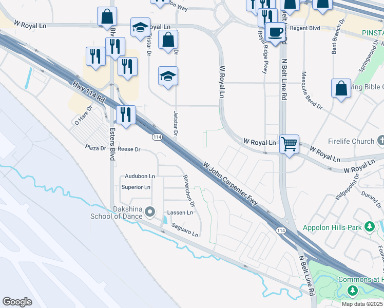 map of restaurants, bars, coffee shops, grocery stores, and more near 2101 West John W Carpenter Freeway in Irving