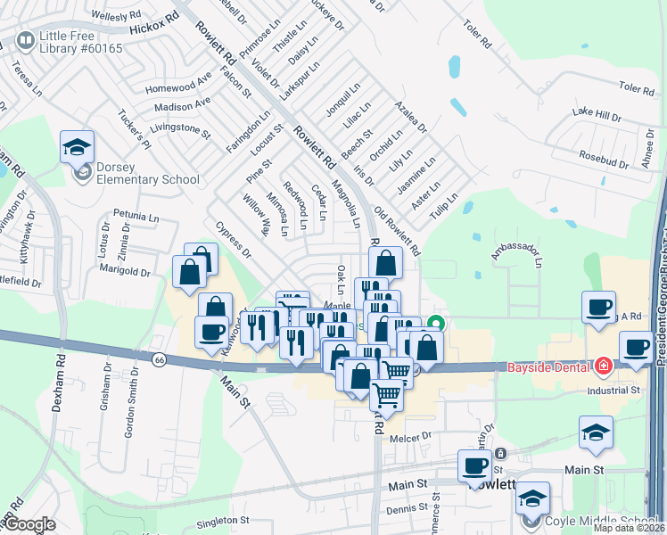 map of restaurants, bars, coffee shops, grocery stores, and more near 3301 Holly Lane in Rowlett