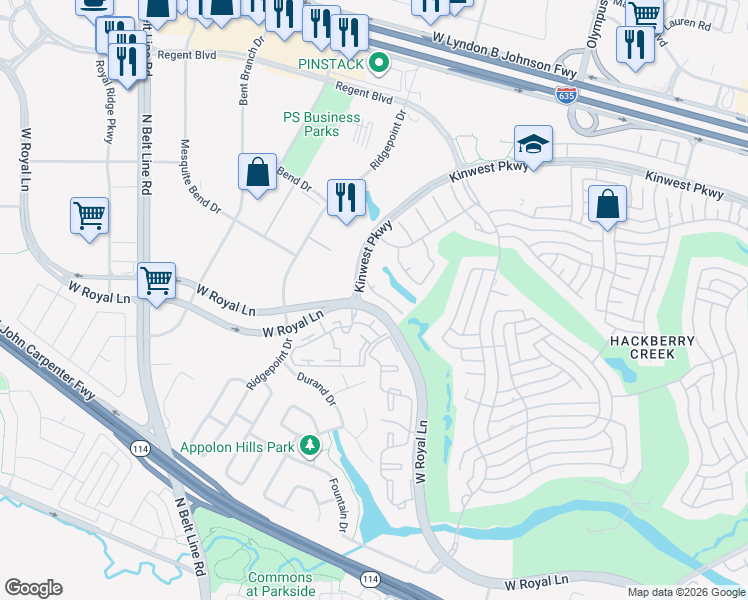 map of restaurants, bars, coffee shops, grocery stores, and more near 2911 Waterford Drive in Irving