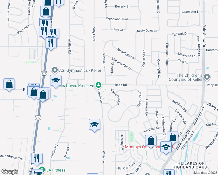 map of restaurants, bars, coffee shops, grocery stores, and more near 1300 Chase Oaks Drive in Keller