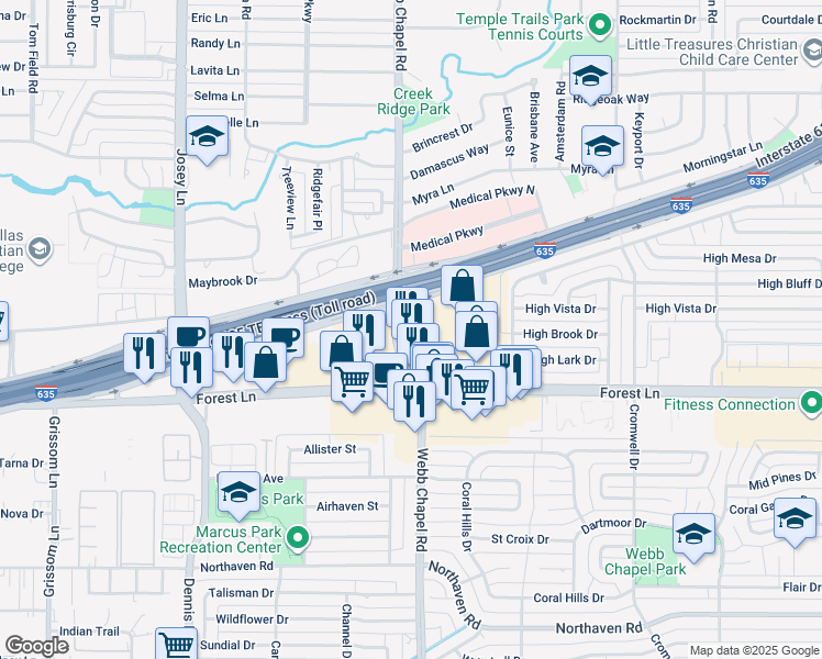 map of restaurants, bars, coffee shops, grocery stores, and more near 11800 Webb Chapel Road in Dallas