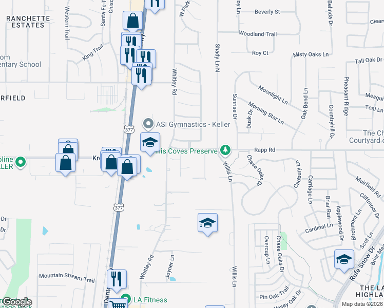 map of restaurants, bars, coffee shops, grocery stores, and more near 220 Rapp Road in Keller