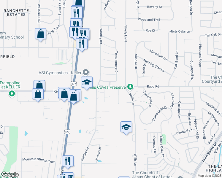 map of restaurants, bars, coffee shops, grocery stores, and more near 220 Rapp Road in Keller