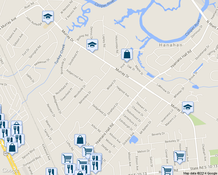 map of restaurants, bars, coffee shops, grocery stores, and more near 5944 Willard Drive in Hanahan
