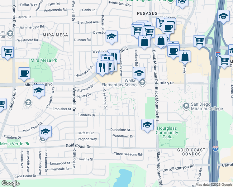 map of restaurants, bars, coffee shops, grocery stores, and more near 10651 Caminito Chueco in San Diego