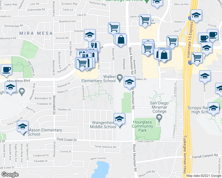 map of restaurants, bars, coffee shops, grocery stores, and more near 10652 Caminito Derecho in San Diego