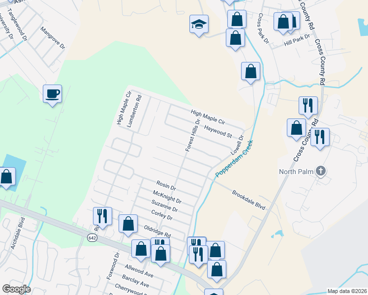 map of restaurants, bars, coffee shops, grocery stores, and more near 7712 Fayetteville Road in North Charleston