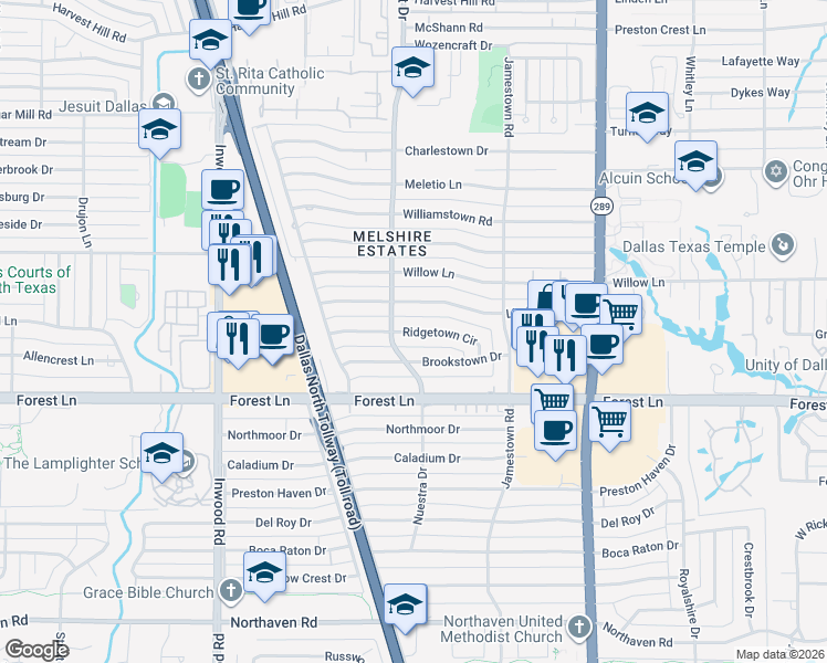 map of restaurants, bars, coffee shops, grocery stores, and more near 5706 Ridgetown Circle in Dallas