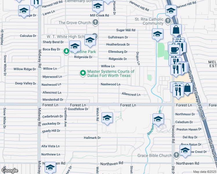 map of restaurants, bars, coffee shops, grocery stores, and more near 4639 Allencrest Lane in Dallas