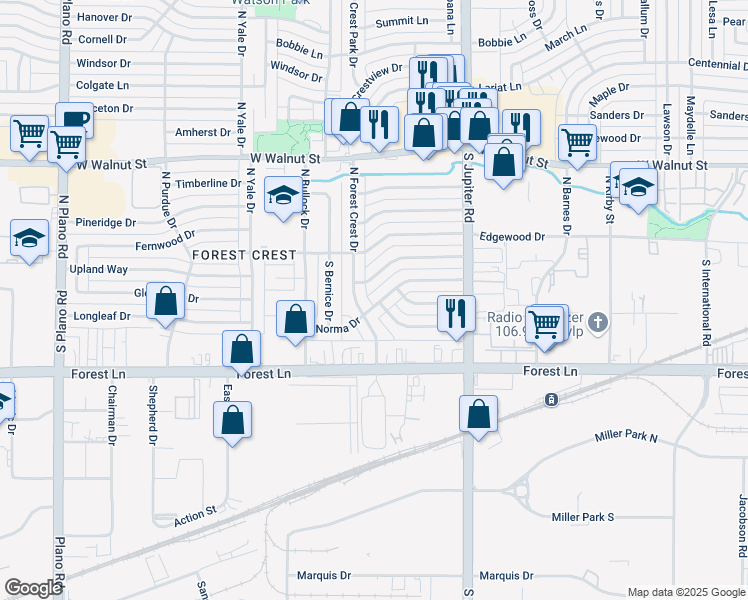 map of restaurants, bars, coffee shops, grocery stores, and more near 3721 Norma Drive in Garland