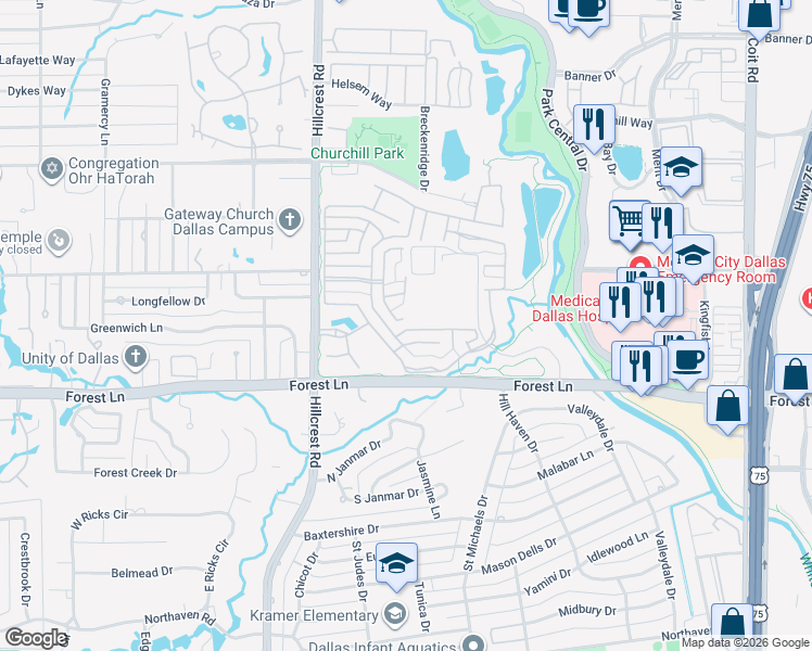 map of restaurants, bars, coffee shops, grocery stores, and more near 11917 Edgestone Road in Dallas