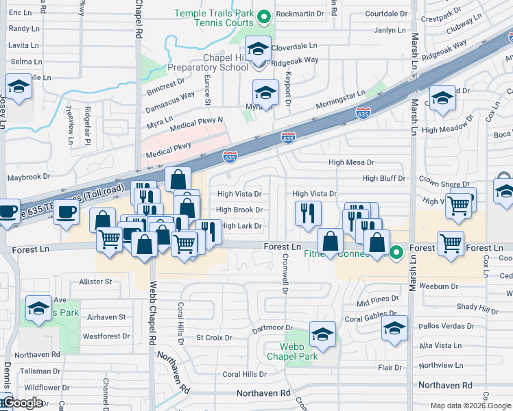 map of restaurants, bars, coffee shops, grocery stores, and more near 3335 High Brook Drive in Dallas