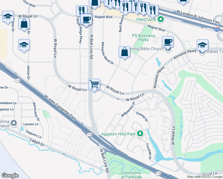 map of restaurants, bars, coffee shops, grocery stores, and more near in Irving