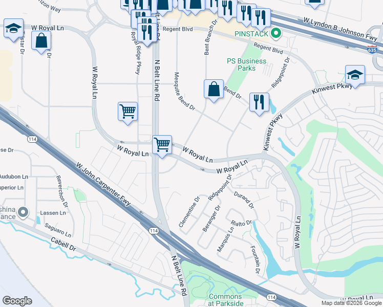map of restaurants, bars, coffee shops, grocery stores, and more near in Irving