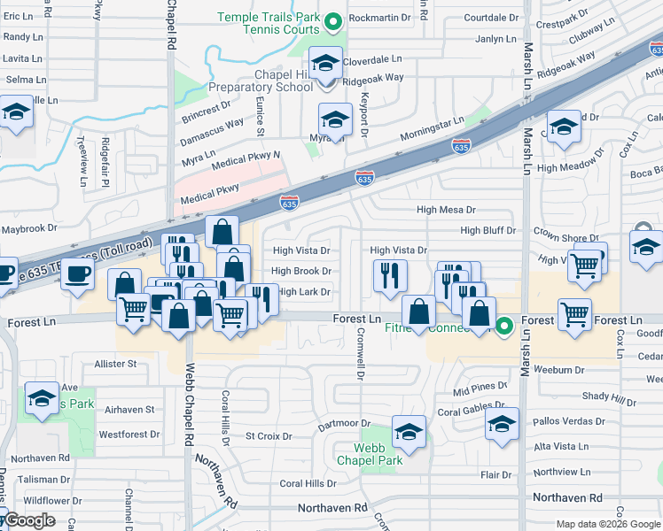 map of restaurants, bars, coffee shops, grocery stores, and more near 3335 High Brook Drive in Dallas