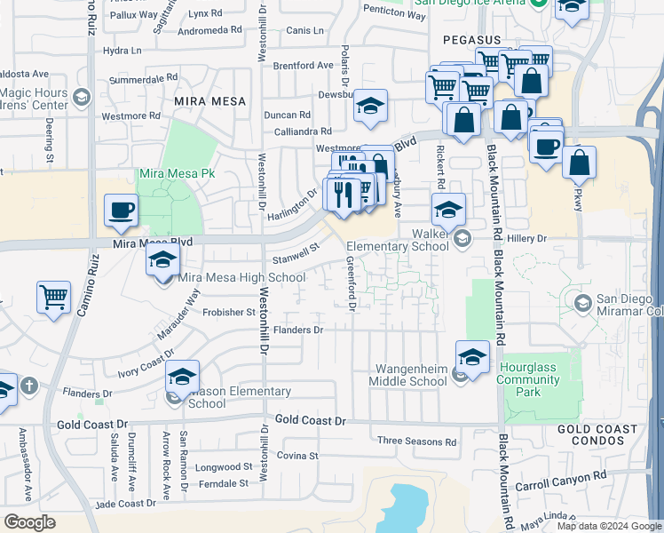map of restaurants, bars, coffee shops, grocery stores, and more near 8885 Hillery Drive in San Diego