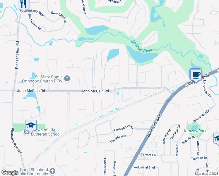 map of restaurants, bars, coffee shops, grocery stores, and more near 7108 Belle Meade Drive in Colleyville