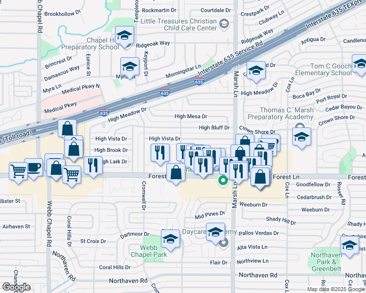 map of restaurants, bars, coffee shops, grocery stores, and more near 11960 Highdale Drive in Dallas