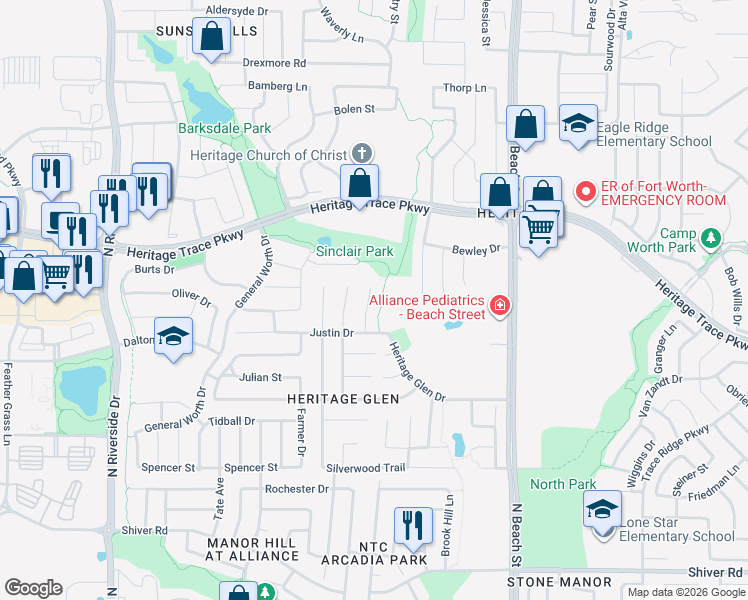map of restaurants, bars, coffee shops, grocery stores, and more near 9428 Pastime Court in Fort Worth