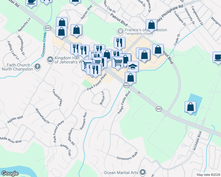map of restaurants, bars, coffee shops, grocery stores, and more near 114 Hainsworth Drive in North Charleston
