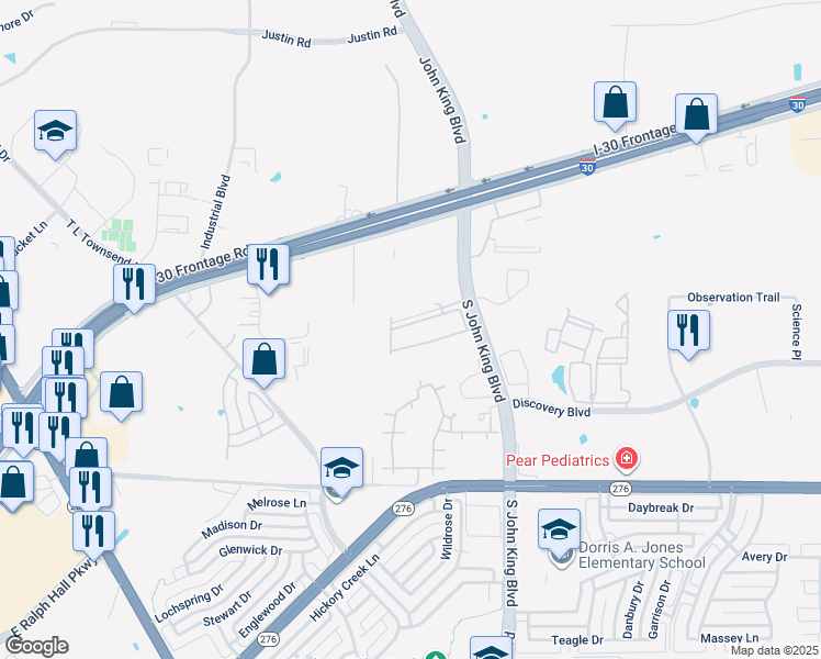 map of restaurants, bars, coffee shops, grocery stores, and more near 1470 John King Boulevard in Rockwall