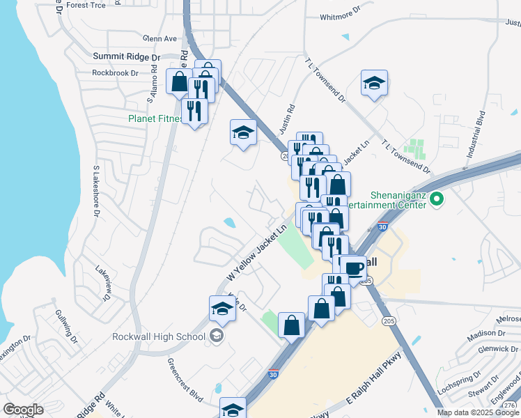 map of restaurants, bars, coffee shops, grocery stores, and more near 970 West Yellow Jacket Lane in Rockwall
