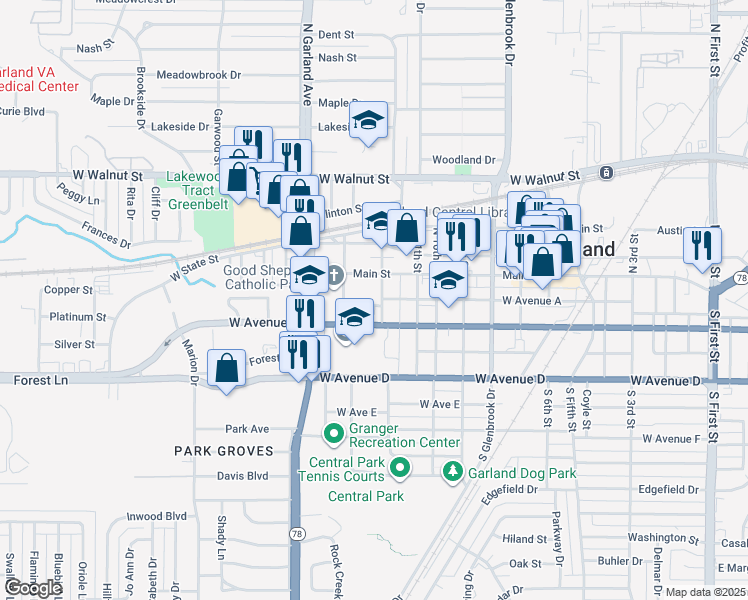 map of restaurants, bars, coffee shops, grocery stores, and more near 1200 West Avenue A in Garland