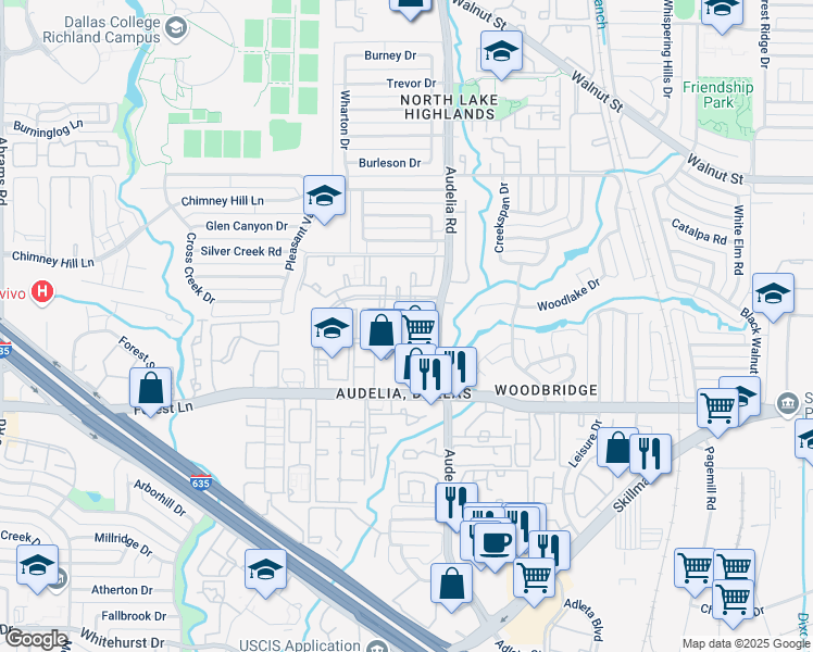 map of restaurants, bars, coffee shops, grocery stores, and more near 11991 Audelia Road in Dallas
