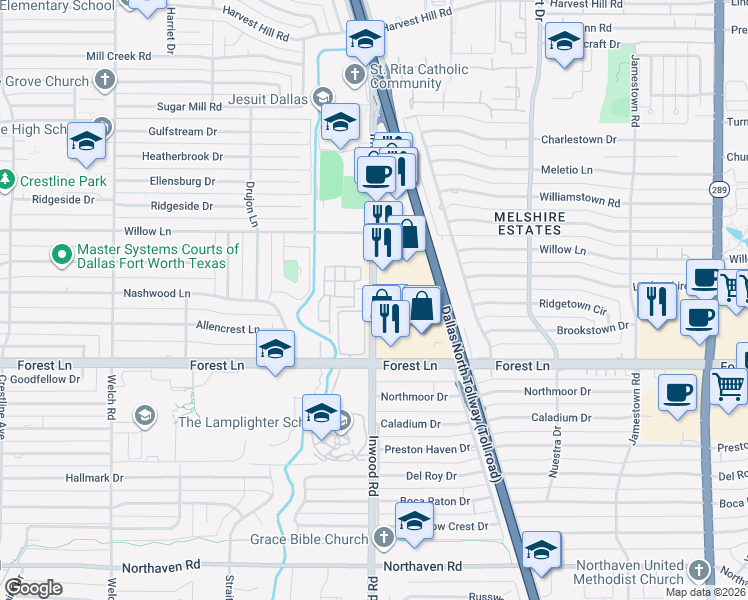 map of restaurants, bars, coffee shops, grocery stores, and more near 12005 Inwood Road in Dallas