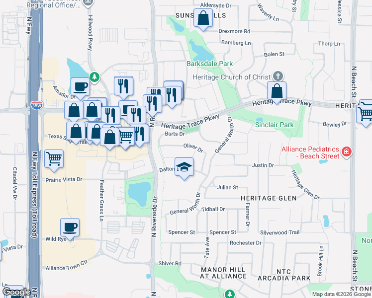 map of restaurants, bars, coffee shops, grocery stores, and more near 3621 Horace Avenue in Fort Worth