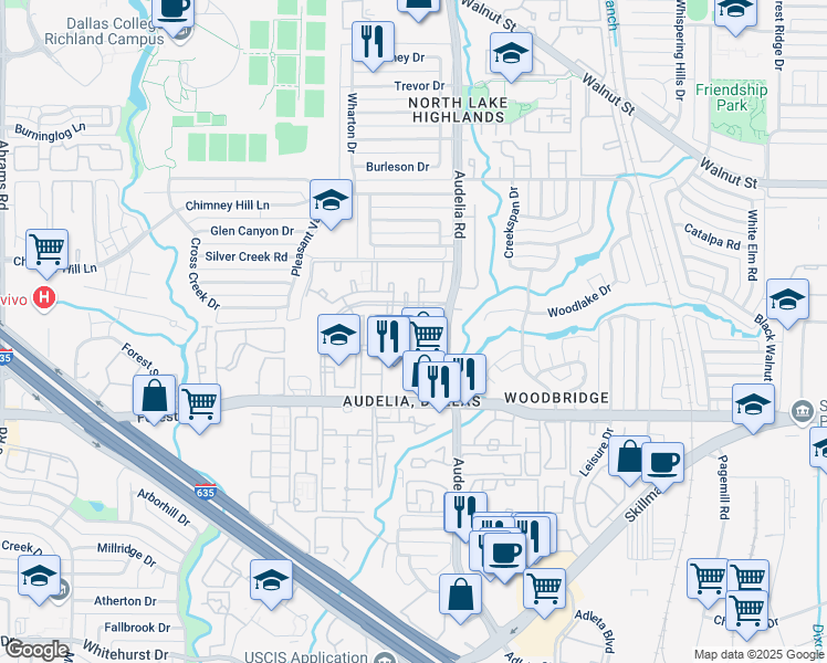map of restaurants, bars, coffee shops, grocery stores, and more near 11991 Audelia Road in Dallas